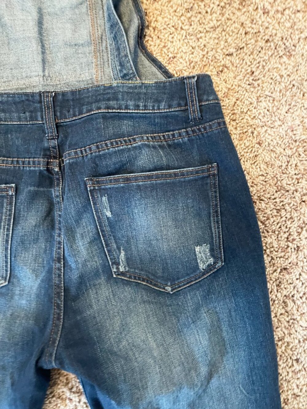 FP Free People Denim Overalls Size 31 Distressed Stretch Blue Jeans Broken Strap - Picture 9 of 12